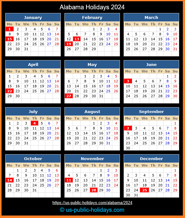 Alabama Holiday Calendar 2024